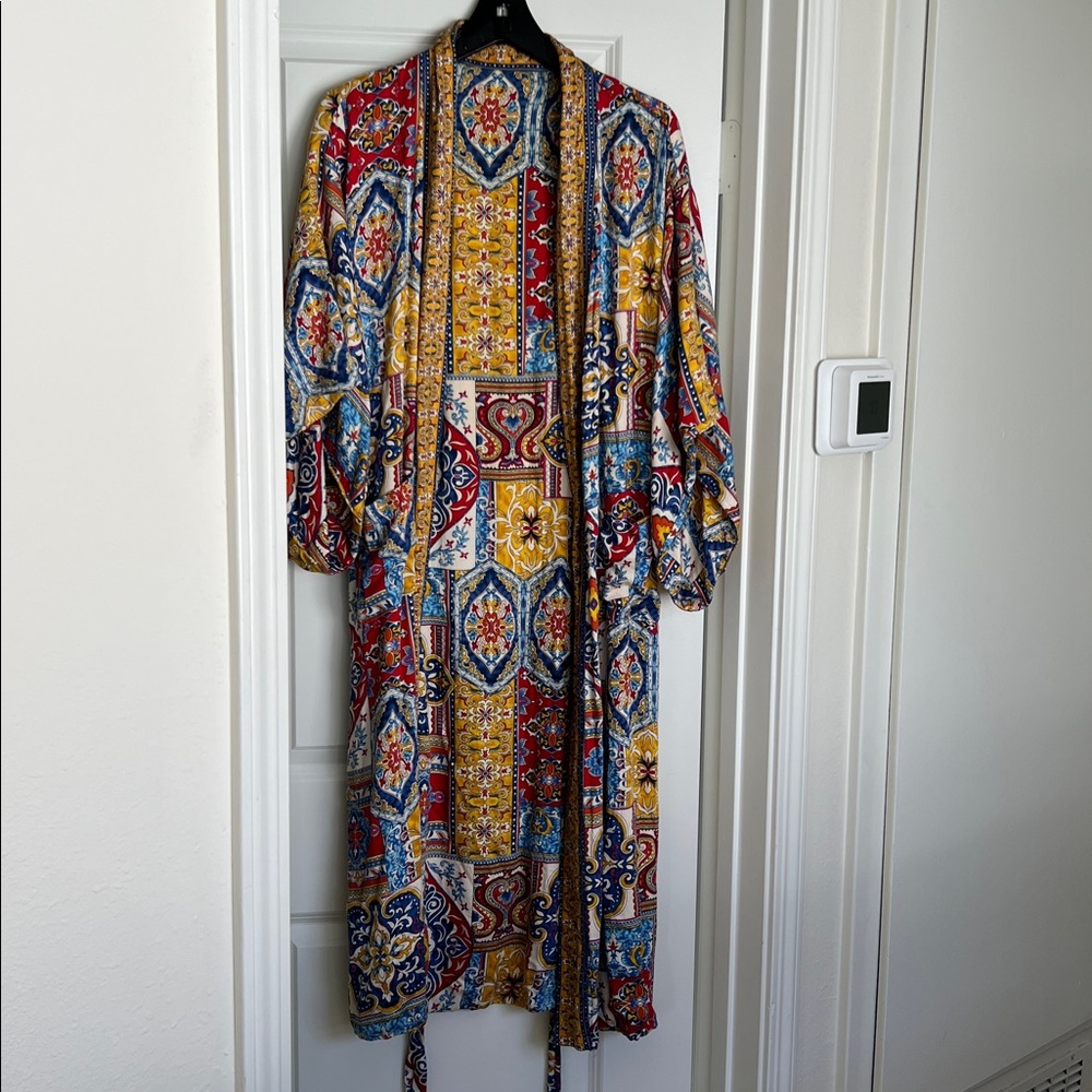 HAUTE HIPPIE โฅ๏ธ๐๐ Multicolor Patterned Kimono Robe Duster Red Blue Sz M - Picture 3 of 11